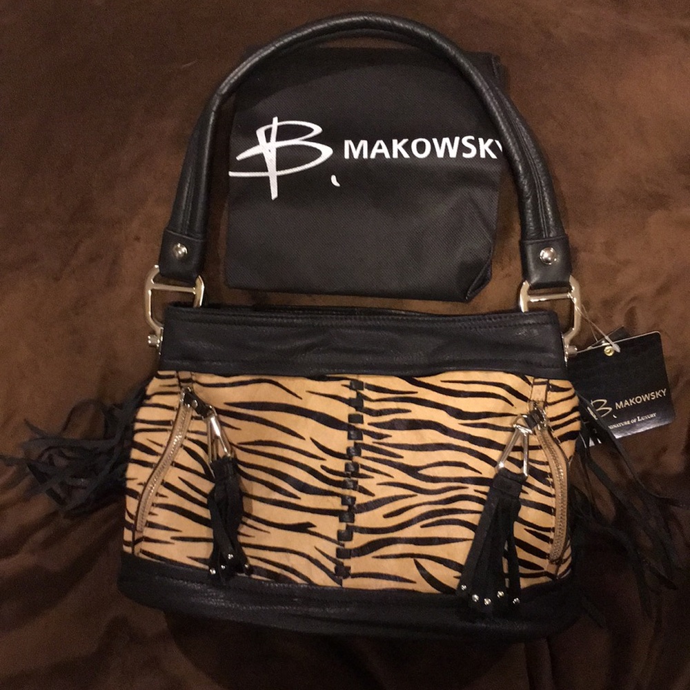 NWT B Makowsky Zebra Print Calf Hair Shoulder Bag